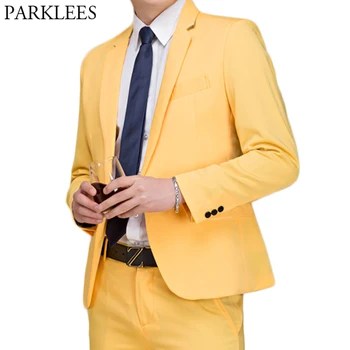(Jackets+Pants) Mens Yellow Tuxedo Dress Suit Single Breasted Lapel Solid Suits Work Wedding Singer Party Stage DJ Costume Homme (Jackets+Pants) Mens Yellow Tuxedo Dress Suit Single Breasted Lapel Solid Suits Work Wedding Singer Party Stage DJ Costume Homme