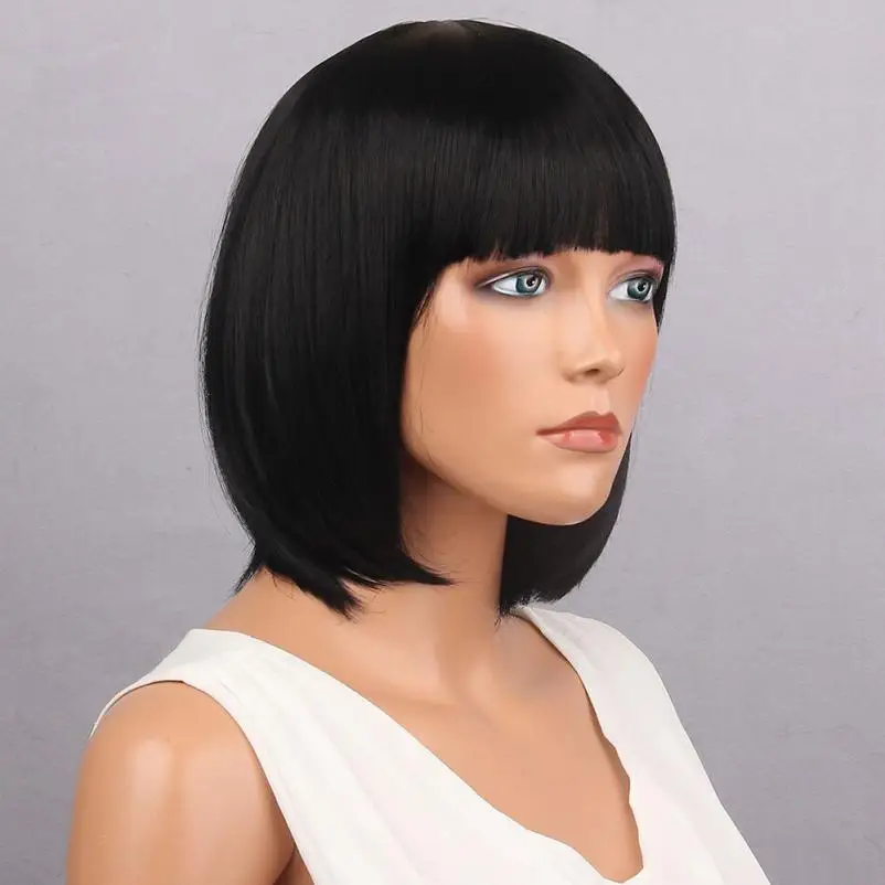 

Wig Human Natural Hair Curly Wig Women Short Straight Full Bangs Bob Hairstyle Synthetic Hair Full Wig With Bang Fashion A17