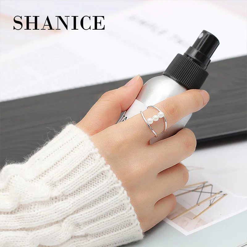 

SHANICE Genuine 925 Sterling Silver Matching Double Line with 3 Pearls Open Adjustable Rings for Women Gift