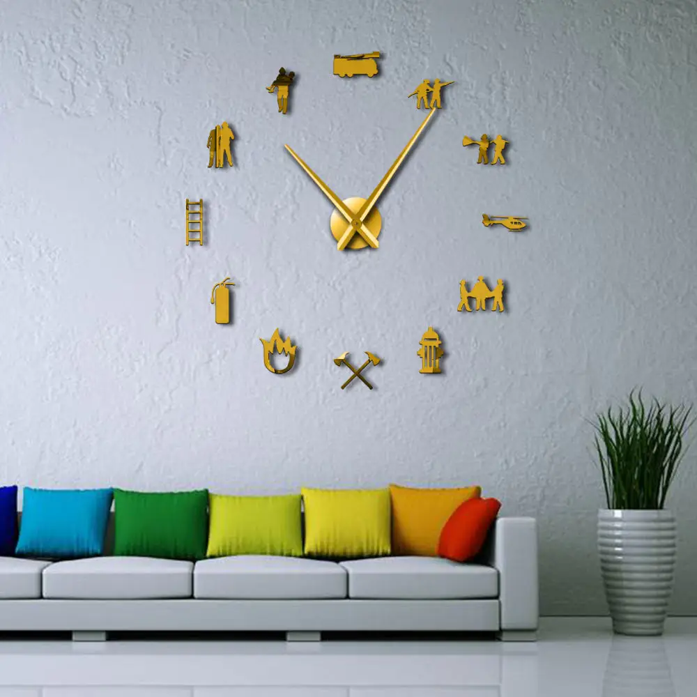 Пожарные DIY большие настенные часы пожарное оборудование гигантские настенные часы искусство 3D большое зеркало наклейка современный дизайн часы домашний декор
