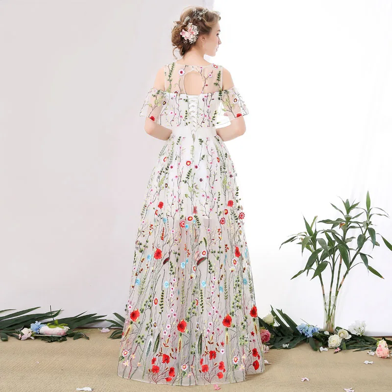 Shinesure 2017 вышивка вечерние платья scoop длиной до пола короткие рукава a line пром dress the