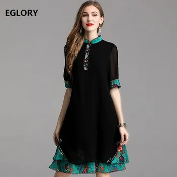

Top Quaity Brand Silk Dress 2019 Summer Fashion Plus Size Dress Women Luxurious Embroidery Green Color Block Vintage Black Dress