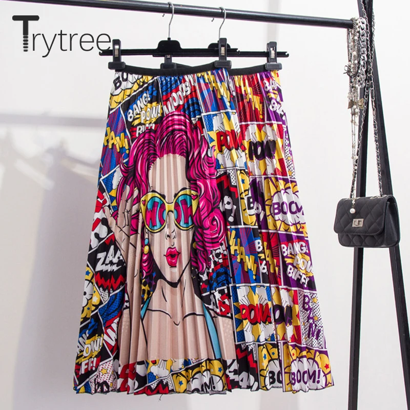 

Trytree Summer Autumn Pleated Skirt Womens Character Printed Mid-Calf Skirt Skirts Polyester Elastic Waist A-Line Skirt Female