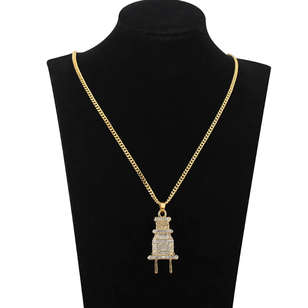 Shellhard Silver Gold Plug Shape Pendant Necklace Men Women Hip Hop Charm Chain collares Iced Out Crystal Jewelry