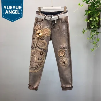 

Women 3D Flower Sequins Patchwork Stretch Denim Pencil Pants Street Punk Pocket Long Trousers Female Streetwear Casual Jeans