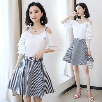 

Korean Fashion Chic Two Piece Set 2019 Sexy Mini Striped Belt Twinset Strapless Off Shoulder Casual Brief Women Sets Clothes