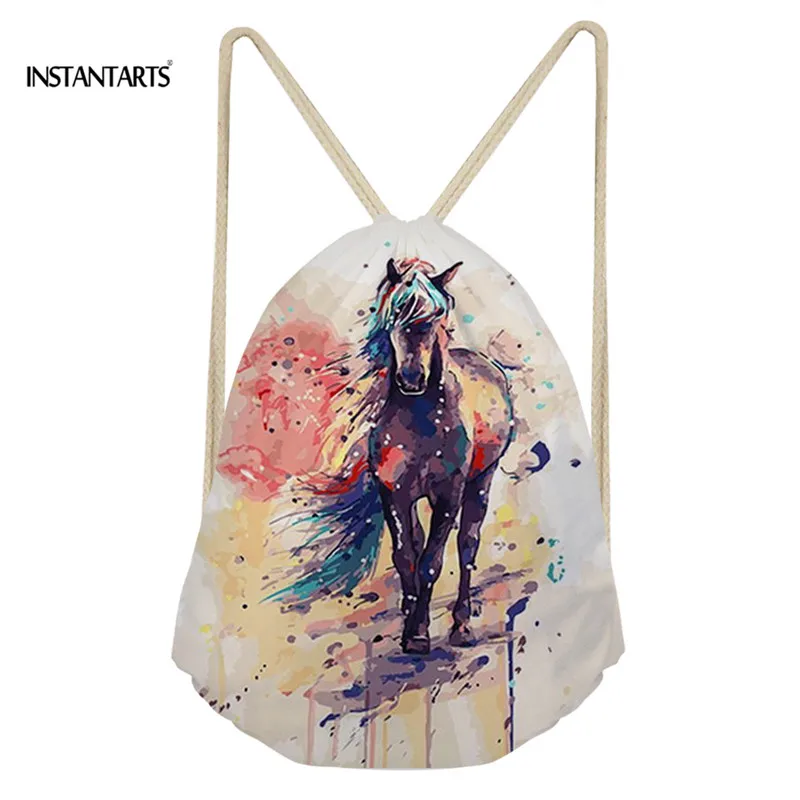 INSTANTARTS Women Men Casual Drawstring Backpack Art Horse Printing Youth Girl Boy Shoulder Bag Schoolbag Primary