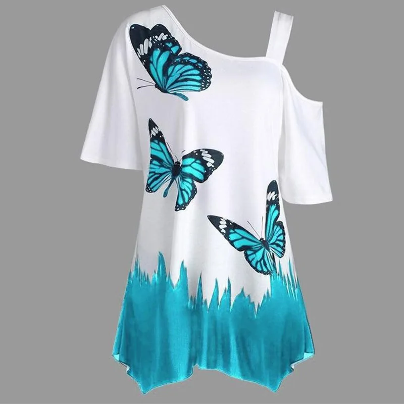 2019 Женская летняя футболка с коротким рукавом одним плечом принтом бабочки