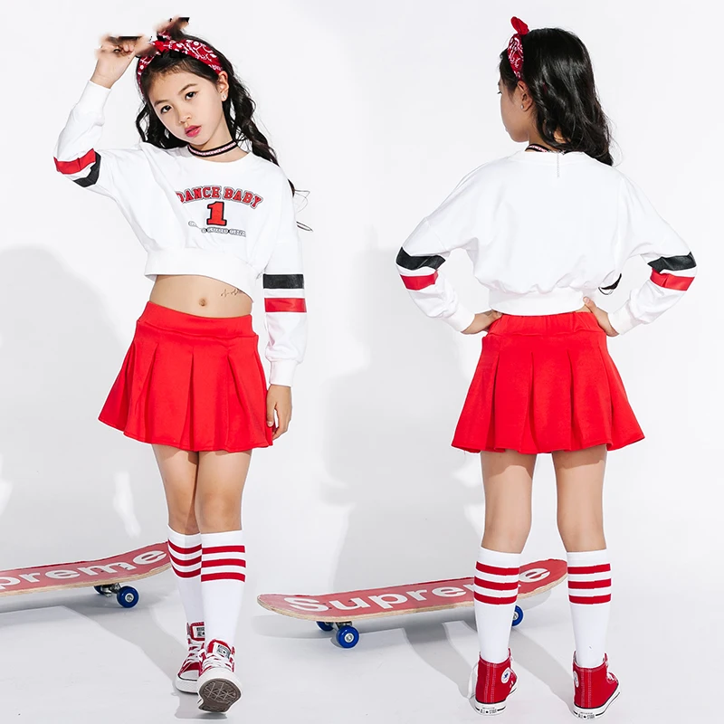 

Jazz Dance Costumes For Girls Cheerleading Costume Children Hip Hop Kids Street Dance Clothing Long Sleeve Red Skirts DN1739