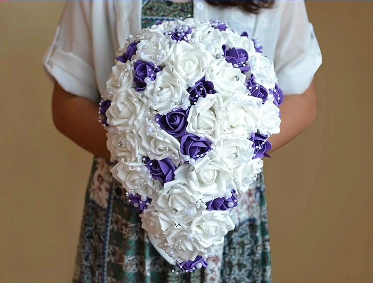 Bridal Wedding Bouquet Teardrop Cascade White&Purple Rose Pearl Flowers HANDMADE 