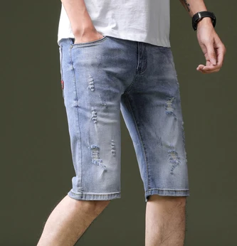 Новые мужские плюс Размеры отверстия Denim Свободные шорты мужские укороченные джинсы новые летние повседневные светло-голубой стиральная ковбойские шорты - Цвет: Синий