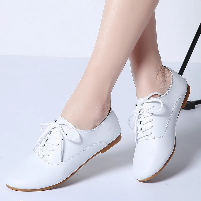 

2019 Spring women oxford shoes ballerina flats shoes women genuine leather shoes moccasins lace up loafers white shoes
