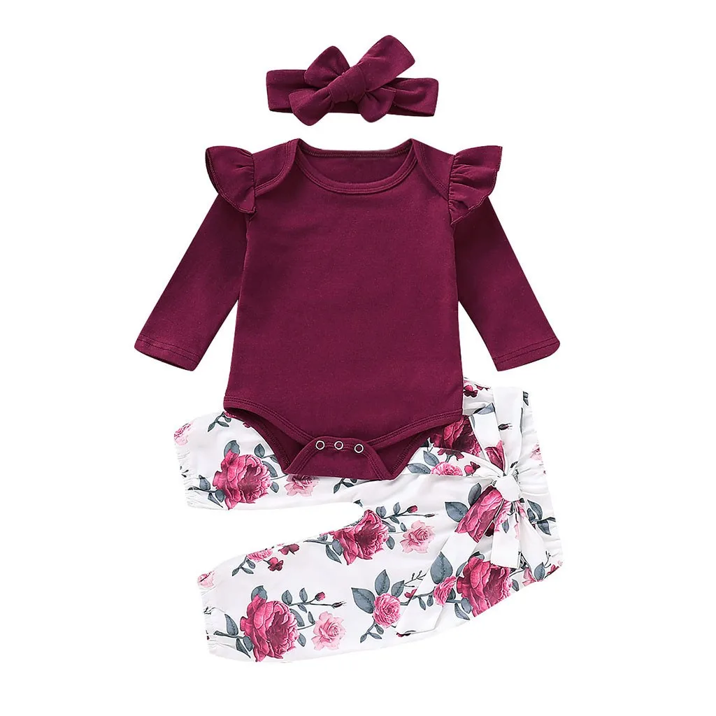 Одежда для новорожденных комбинезон с длинными рукавами для маленьких девочек, Топы+ штаны с цветочным принтом+ набор повязок roupa menina7.17gg