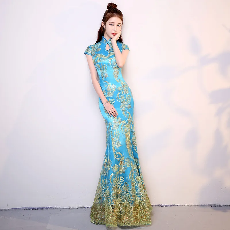 Светло-голубое Свадебное женское платье в китайском стиле элегантное банкетное длинное Ципао женское тонкое платье Cheongsam Vestido S-4XL