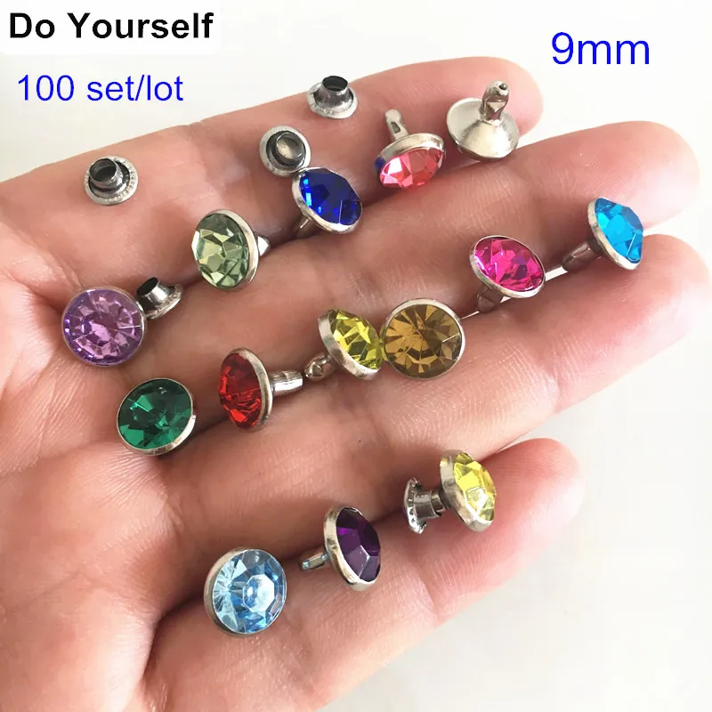

Free Shipping -9mm Colorful Round Faceted Acrylic Bead Rivet Stud Spike With Silver Color Metal Base - 8 Colors - 100 Set