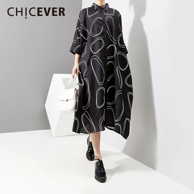 

CHICEVER Print Summer Clothes For Women Dress Lapel Three Quarter Batwing Sleeve Loose Big Size Dresses Casual Clothes Fashion