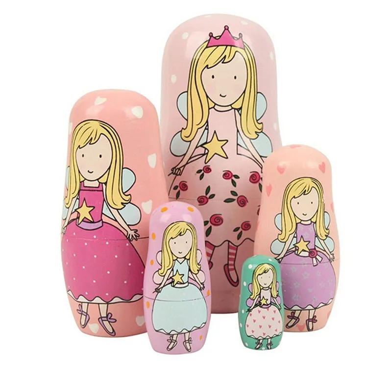 Wood Handmade Artwork Cute Angel Princess Nesting Matryoshka Russian Dolls Set 5 Pieces For Kids Girls Gifts Toy   (1)
