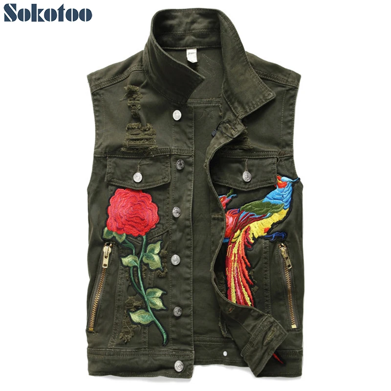 

Sokotoo Men's army green rose phoenix embroidery denim vest Slim eagle embroidered tank top Waistcoat