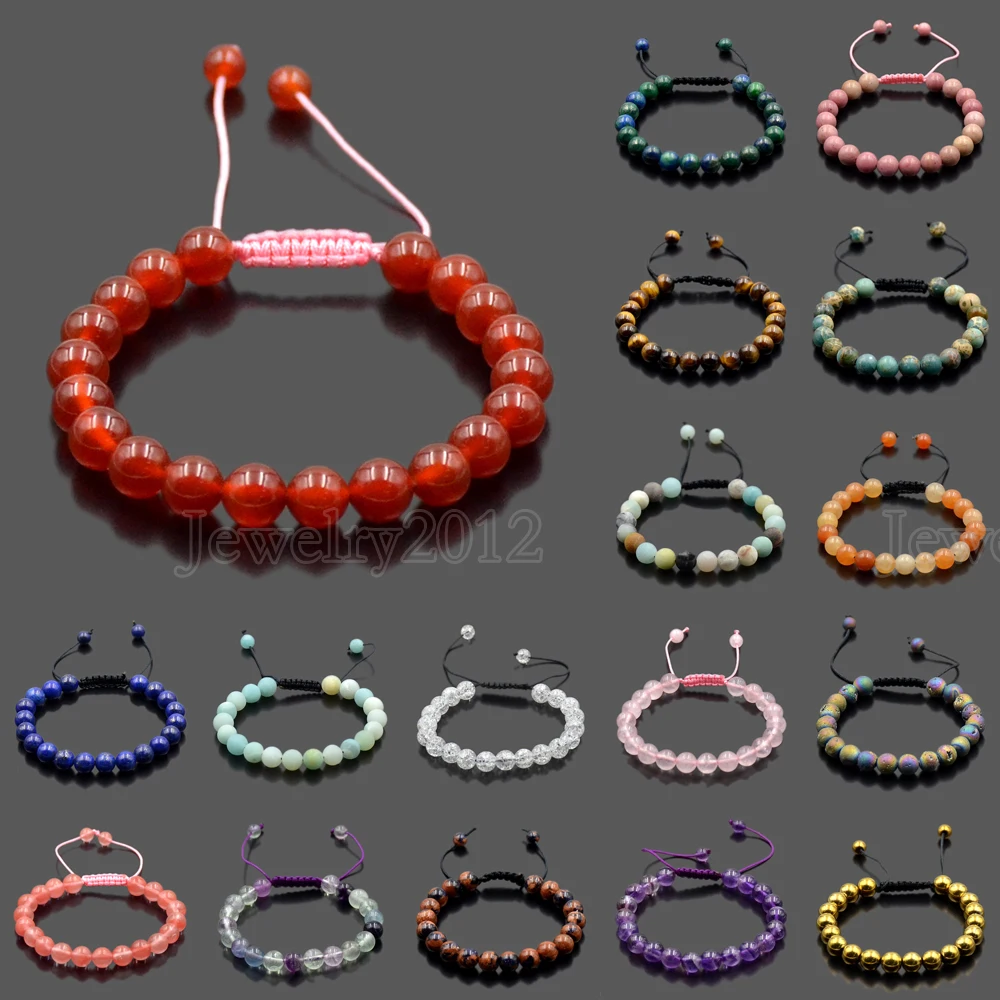 

5PCS/Lot Wholesale Men Women 8mm Natural Gem stones Braided Macrame Beads Bracelet Adjustable Handmade Jewelry