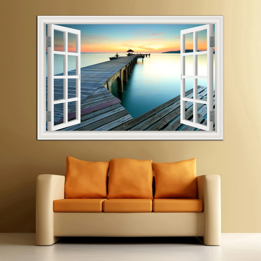 3D оконный вид закат Приморский стикер s стикер стены пейзаж обои стены Арт плакат для гостиной обои