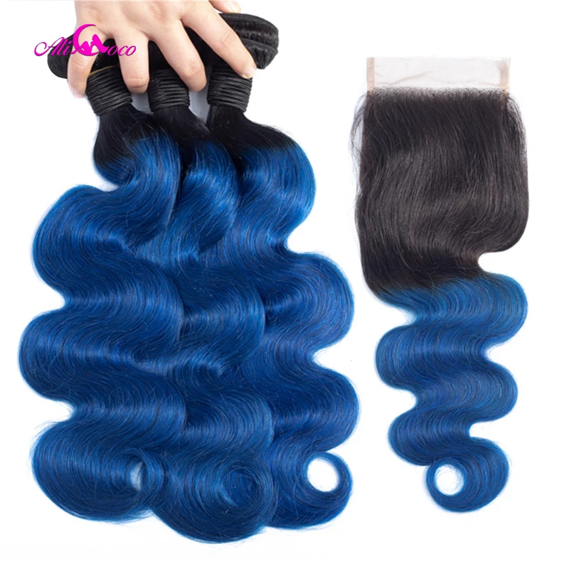 Ali Coco Peruvian Body Wave 3 Bundles With Lace Closure 1B/Blue Color 100% Human Hair 10-28 Inch Remy | Шиньоны и парики