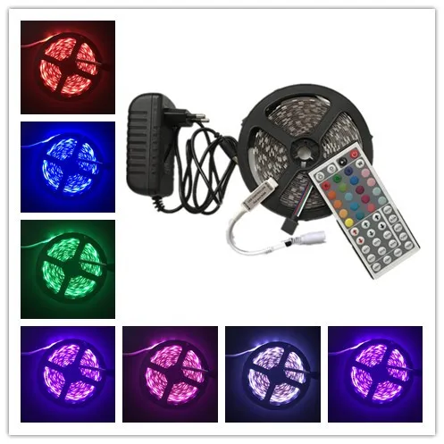 

RGB LED strip SMD 5050 led diode ribbon 5M With 44 keys IR Remote + DC 12V adapter flexible bar home cupboard decoration light