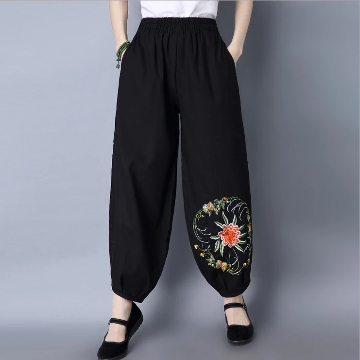 Female 2017 spring and summer new embroidery flowers wide leg pants-in ...