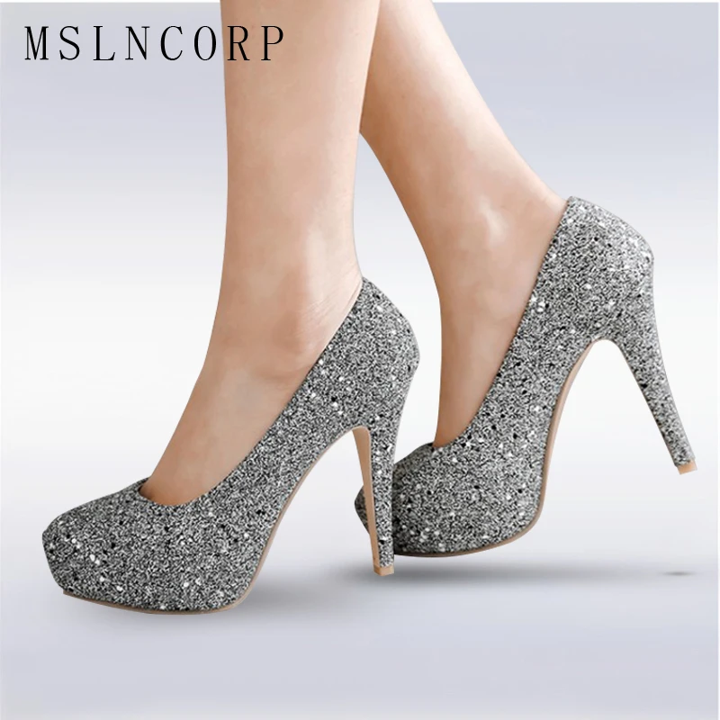 plus size 34-48 Women Pumps Bling High Heels Fashion Pumps Glitter High Heel Shoes Woman Slip On Sexy Wedding Shoes Gold Silver 2018 fashion delicate sweet wedding bowknot sexy high heel shoes side hollow pointed women red high heels pumps plus size