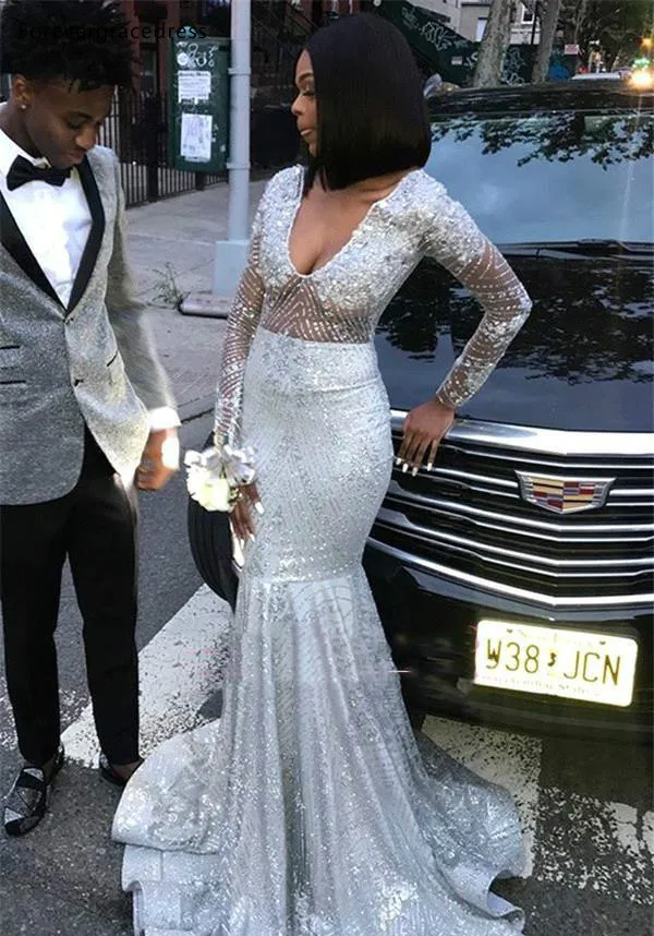Bling Silver Mermaid Prom Dresses For Black Girls 2K19 Prom Evening Party Sheer Long Sleeve V Neck Evening Gowns BC0871  124 (6)