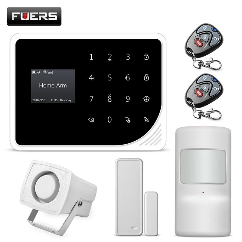 FUERS 2,4G Wi-Fi GSM сигнализация системы охранной сигнализации дома 850/900/1800/1900 МГц с Экран Дисплей клавиатура приложения Управление SMS будильник