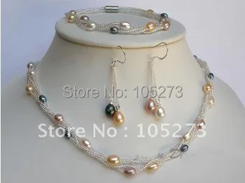 

Genuine Multi Color Pearl Necklace Bracelet Earrings Set Cultured Freshwater 3pcs/lot Fashion Jewelry New Free Shipping FN2180