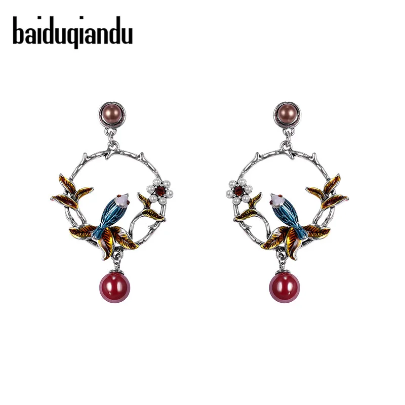 

baiduqiandu New Arrival ! Enamel Glaze Bird Wreath Flowers Drop Red Imitation Pearl Earrings Boucle d'oreille