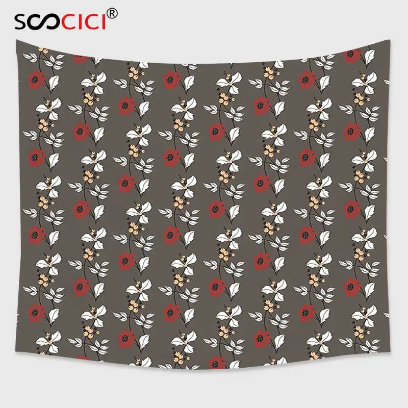 

Cutom Tapestry Wall Hanging,Floral Spring Nature Garden Theme Art Pattern with Red Blooms Leaves and Little Buds Red White Black