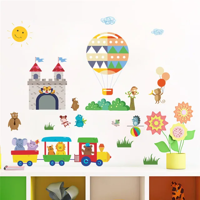 New Cartoon Hot Air Balloon Animals Castle Train Wall Stickers For Kids Rooms Wall Decals Children Bedroom Kindergarten Decor New Cartoon Hot Air Balloon Animals Castle Train Wall Stickers For Kids Rooms Wall Decals Children Bedroom Kindergarten Decor