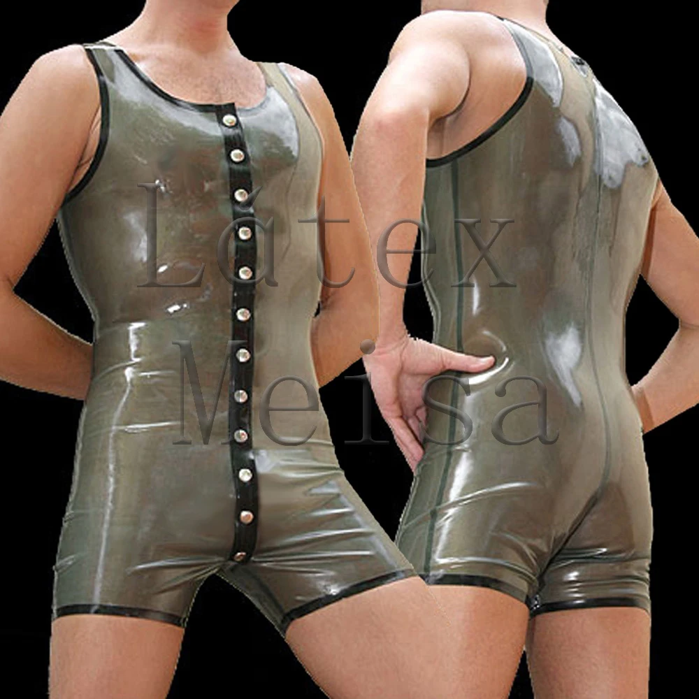 

Sleeveless latex bodysuit crotchless in transparent with black trim colors for men