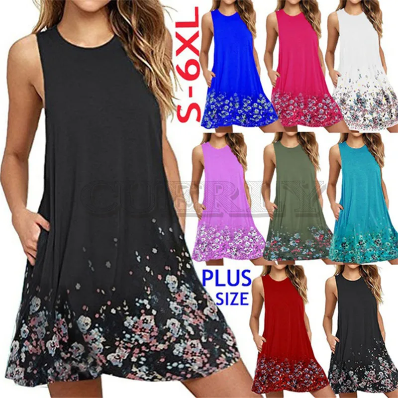 Image Plus Size Women Dress Summer Casual O Neck Sleeveless Print Beach Dress Women Tank Dress CUERLY Female Loose Dress 4XL 5XL 6XL