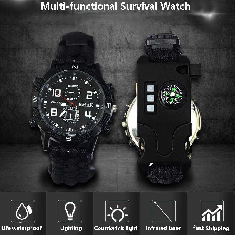 

Multi-functional Watch Survival Waterproof Emergency Gear Paracord Bracelet Compass Whistle Outdoor Sport Tool First Aid set