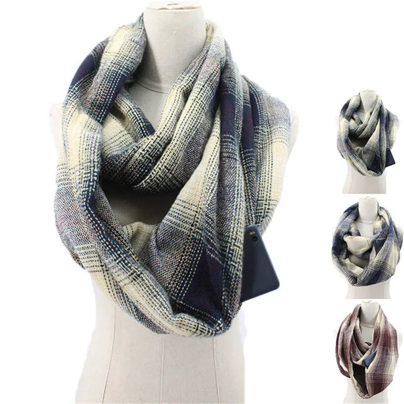 Зимний классический клетчатый шарф с карманами женские, градиентные wram шаль на молнии карман Бесконечность путешествия зимние шарфы