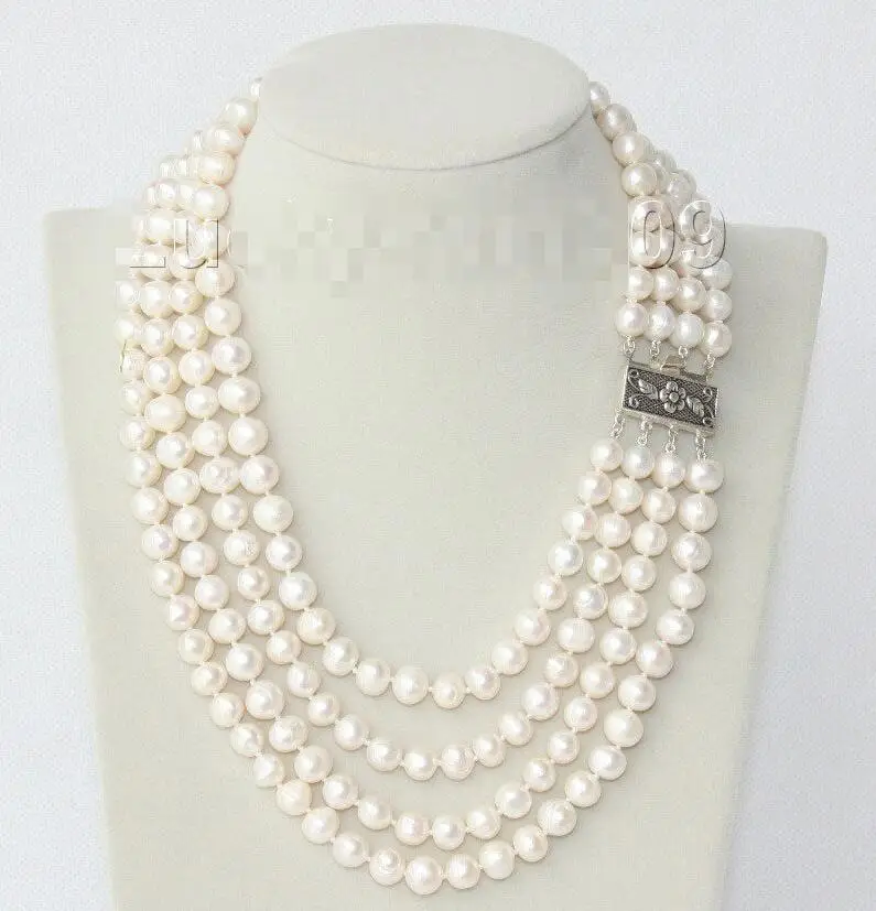 

Free Shipping >>>>>Genuine 17" 4 Strand 9mm white FW pearls necklace 925 silver clasp e1850