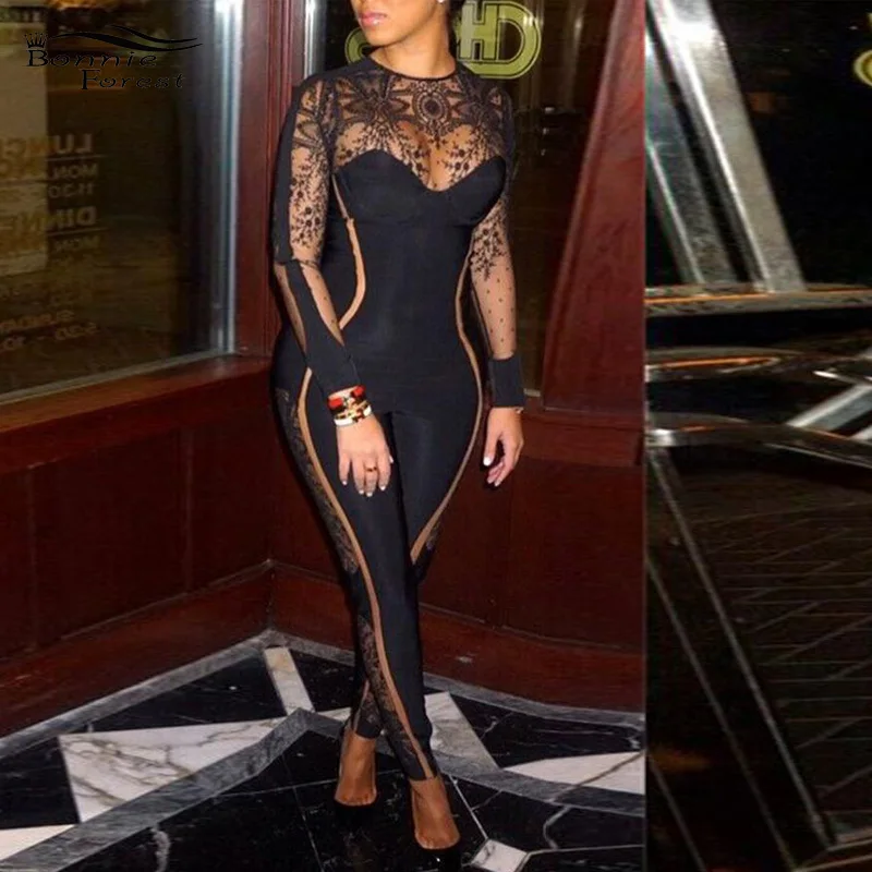 

Bonnie Forest Womens See Through Mesh Patchwork Gauze Sexy Jumpsuit Stretchy Skinny Black Nude Mesh Rompers Overalls Clubwears