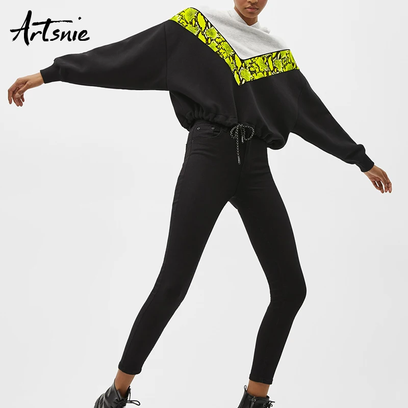  Artsnie Patchwork Casual Hooded Sweatshirt Women Spring 2019 Drop Shoulder Hoodies Pullovers Knitte