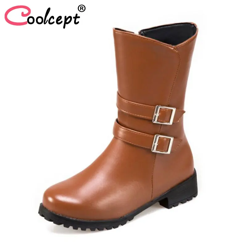 

Coolcept Size 34-43 Fashion Buckles Women Mid Calf Boots Zipper Fur Warm Shoes Woman Autumn Winter Boots Ladies Footwear