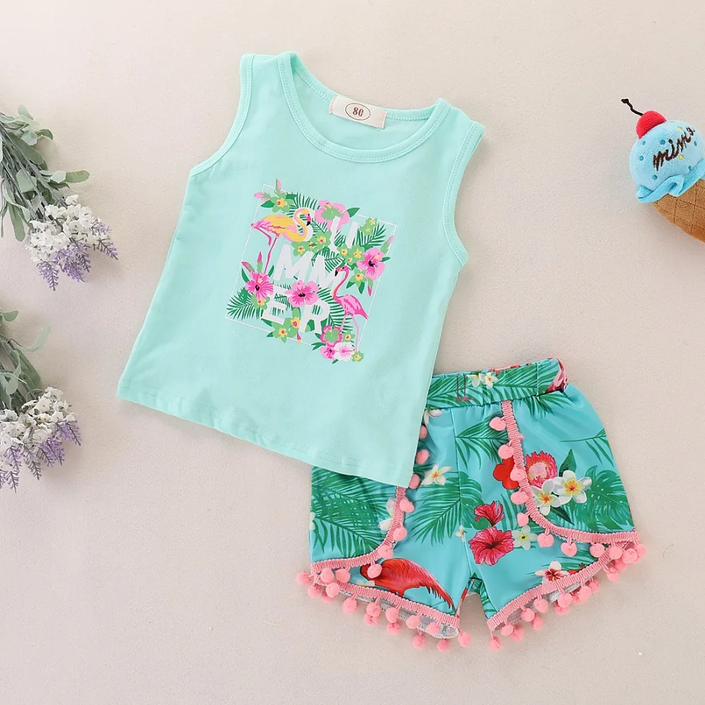 

2019 New summer clothing baby girls boutique cotton mint dream catch top with pom-pom floral shorts match accessories