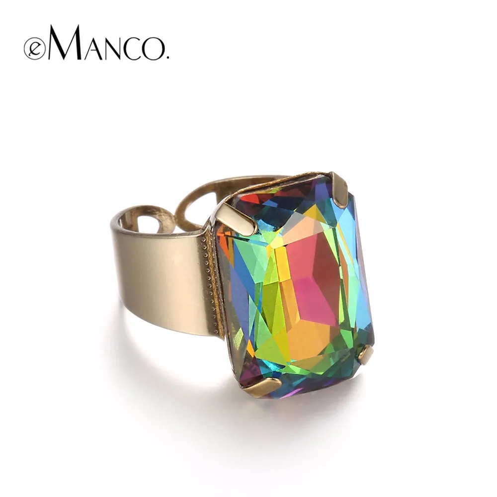 eManco 15 Color Popular Simple Cuff Open Statement Ring for Women Multicolor Crystal Opal Ancient Gold Plated Adjustable Jewelry