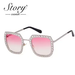 История Высокое качество солнцезащитные очки со стразами Для женщин Элитный бренд черный, розовый негабаритных солнцезащитные очки для