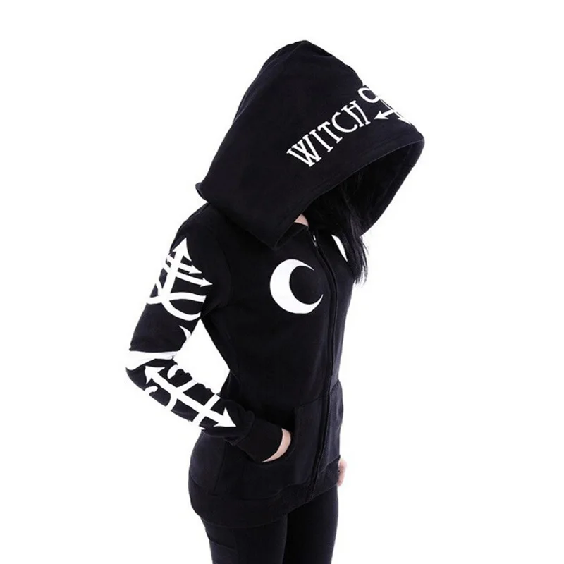 Punk Black Hoody Lady's Sweatshirts Letter Print Female Long Sleeve Sweatshirts Women Streetwear Hooded Zip-up Hoodies S6859