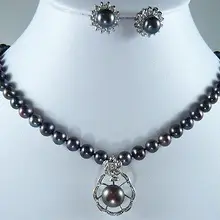 Дворянство счастливицы природные очаровательная 8 мм черный корпус жемчуг 12 мм инкрустация ожерелье серьги серебро крюк