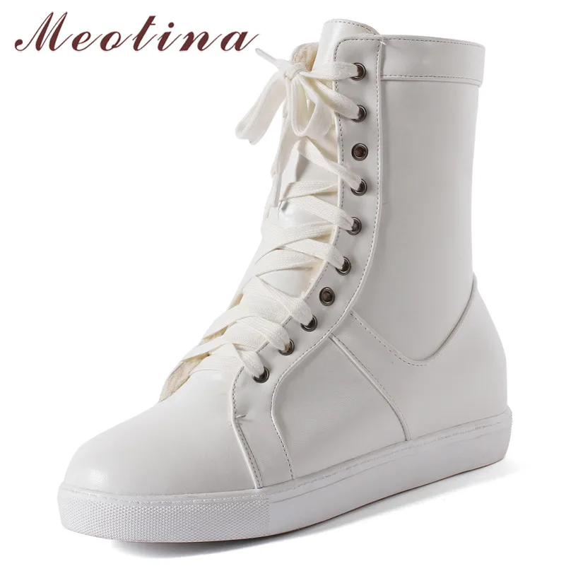 

Meotina Women Boots Winter Snow Boots Warm Plush Height Increasing Ankle Boots Lace Up Round Toe Shoes Lady Fall Big Size 33-43