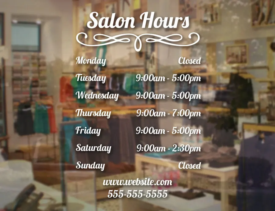 Salon Hours Store Business Hours Sign Vinyl Decal Sticker Custom Business Hours site Phone