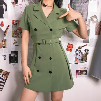 

Summer Elegant Green Notched Dress Women Vintage Chic Double-Breasted Short Sleeve Sashes Mini Dress Lady Office Party Dress